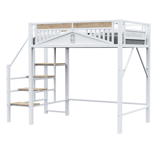 Cama alta metálica 140 x 200 cm - Design exclusivo com janela, escada de segurança e amplo espaço de arrumação debaixo da cama - Branco