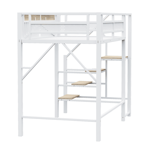 Cama alta metálica 140 x 200 cm - Design exclusivo com janela, escada de segurança e amplo espaço de arrumação debaixo da cama - Branco
