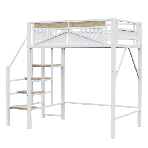 Cama alta metálica 140 x 200 cm - Design exclusivo com janela, escada de segurança e amplo espaço de arrumação debaixo da cama - Branco