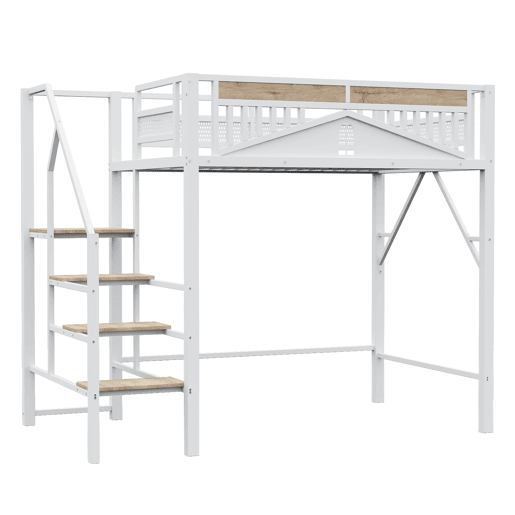 Cama alta metálica 140 x 200 cm - Design exclusivo com janela, escada de segurança e amplo espaço de arrumação debaixo da cama - Branco