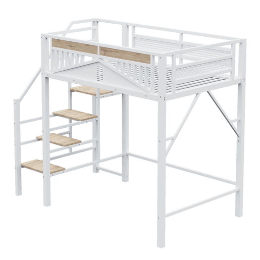 Cama alta metálica 140 x 200 cm - Design exclusivo com janela, escada de segurança e amplo espaço de arrumação debaixo da cama - Branco