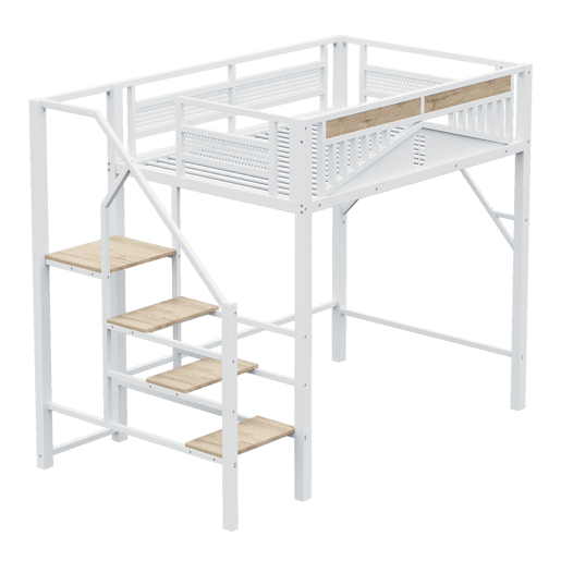Cama alta metálica 140 x 200 cm - Design exclusivo com janela, escada de segurança e amplo espaço de arrumação debaixo da cama - Branco