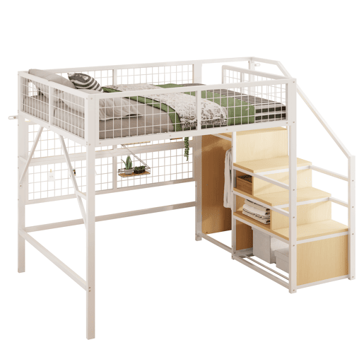 Cama alta metálica 140*200 cm - Com escada, arrumação e luzes LED controladas por APP - Branca