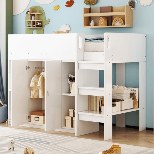 Cama alta multifuncional 90x200 - Com arrumação, armário e prateleiras, cama infantil com escada, estrutura resistente - Branco