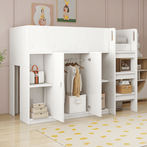 Cama alta multifuncional 90x200 - Com arrumação, armário e prateleiras, cama infantil com escada, estrutura resistente - Branco