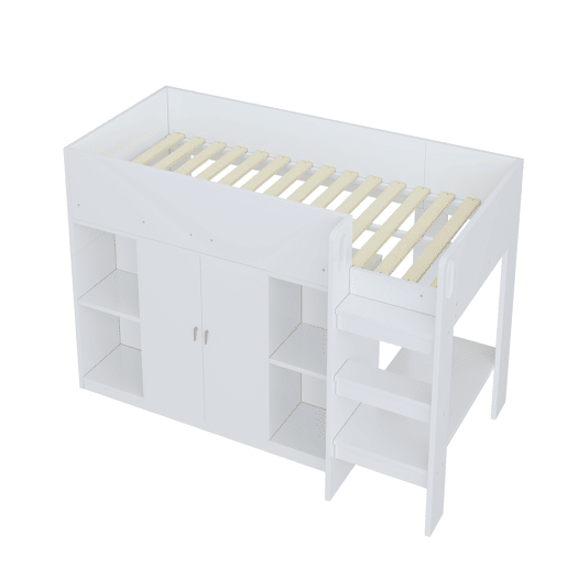 Cama alta multifuncional 90x200 - Com arrumação, armário e prateleiras, cama infantil com escada, estrutura resistente - Branco