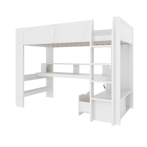 Cama alta 90x200 cm - Cama Gaming com secretária, com luzes LED, gaveta, prateleiras - Branco