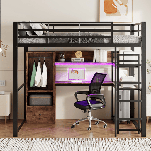 altura 140x200cm - Cama de metal com LED, secretária, 1 gaveta, prateleiras, grade, escada, sem colchão - Preto