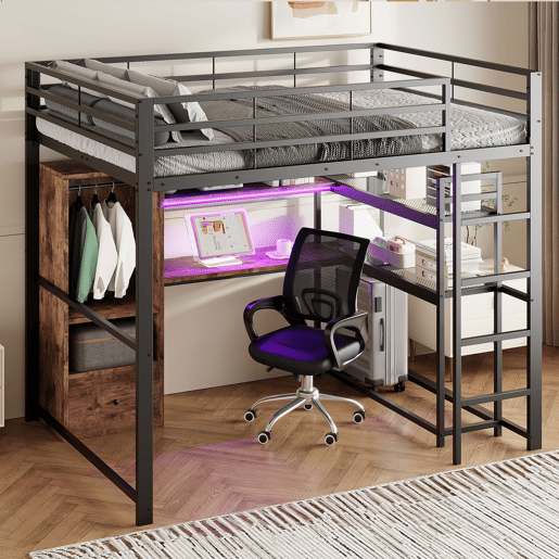 altura 140x200cm - Cama de metal com LED, secretária, 1 gaveta, prateleiras, grade, escada, sem colchão - Preto