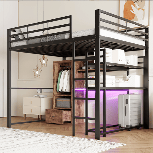 altura 140x200cm - Cama de metal com LED, secretária, 1 gaveta, prateleiras, grade, escada, sem colchão - Preto