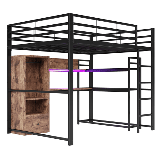 altura 140x200cm - Cama de metal com LED, secretária, 1 gaveta, prateleiras, grade, escada, sem colchão - Preto