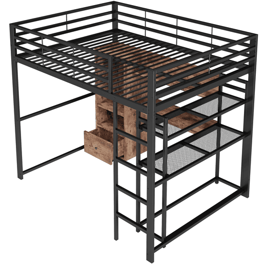 altura 140x200cm - Cama de metal com LED, secretária, 1 gaveta, prateleiras, grade, escada, sem colchão - Preto