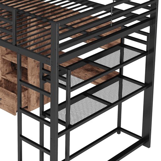 altura 140x200cm - Cama de metal com LED, secretária, 1 gaveta, prateleiras, grade, escada, sem colchão - Preto