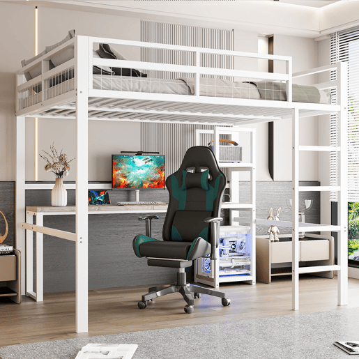 Cama alta 140x200cm - Estrutura em metal, várias prateleiras, secretária com tomada e USB tipo C, grade de proteção, escada - Branco
