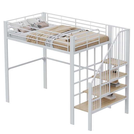 Cama alta de metal 140 x 200 cm - estrutura estável com amplo espaço de arrumação debaixo da cama e escada, ideal para crianças e adultos - branco