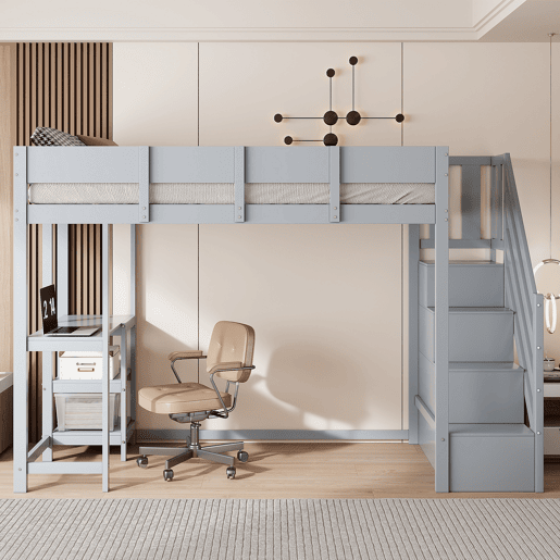 Cama alta multifuncional 90x200 cm - Com arrumação e prateleira, estrutura em madeira maciça de pinho, para crianças e jovens - Cinza