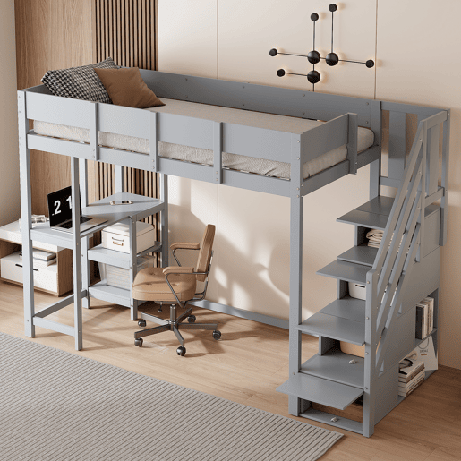 Cama alta multifuncional 90x200 cm - Com arrumação e prateleira, estrutura em madeira maciça de pinho, para crianças e jovens - Cinza