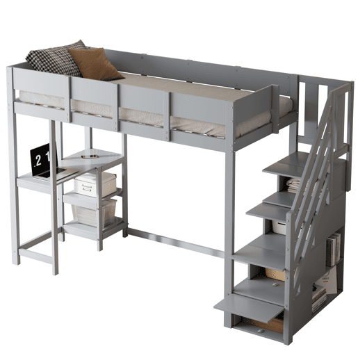 Cama alta multifuncional 90x200 cm - Com arrumação e prateleira, estrutura em madeira maciça de pinho, para crianças e jovens - Cinza