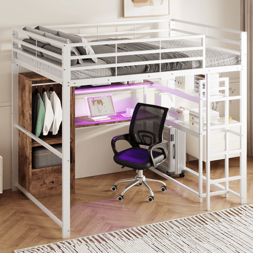 Cama alta 140x200cm - Cama metálica com LED, secretária, 1 gaveta, prateleiras, grade, escada, sem colchão - Branco