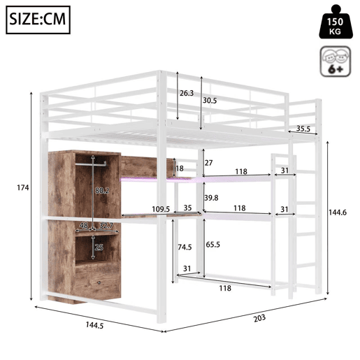 Cama alta 140x200cm - Cama metálica com LED, secretária, 1 gaveta, prateleiras, grade, escada, sem colchão - Branco