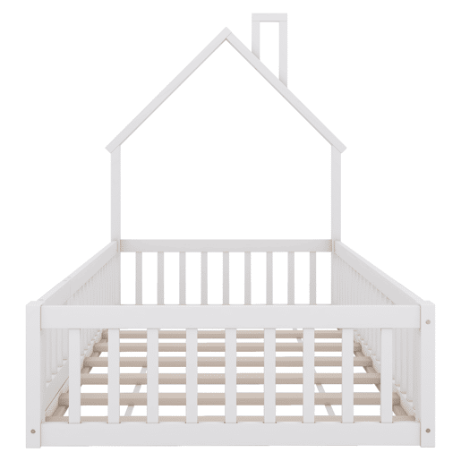 Cama infantil, 90 x 200 cm - Cama em forma de chaminé, com estrado (sem colchão), madeira de pinho, estilo minimalista - Branco