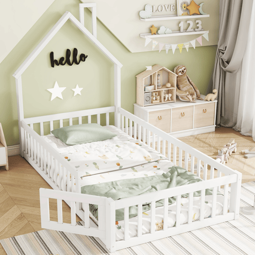 Cama infantil, 90 x 200 cm - Cama em forma de chaminé, com estrado (sem colchão), madeira de pinho, estilo minimalista - Branco