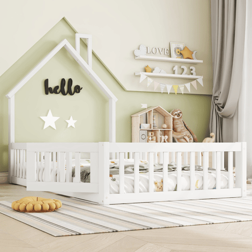 Cama infantil, 90 x 200 cm - Cama em forma de chaminé, com estrado (sem colchão), madeira de pinho, estilo minimalista - Branco