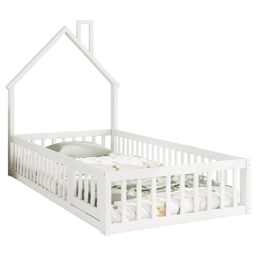 Cama infantil, 90 x 200 cm - Cama em forma de chaminé, com estrado (sem colchão), madeira de pinho, estilo minimalista - Branco