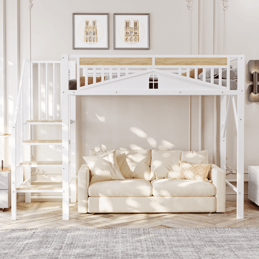 Cama alta metálica 90x200 cm - Segurança com janela, escada de segurança, espaço livre para tela - Branco