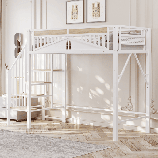 Cama alta metálica 90x200 cm - Segurança com janela, escada de segurança, espaço livre para tela - Branco