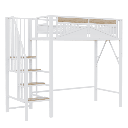 Cama alta metálica 90x200 cm - Segurança com janela, escada de segurança, espaço livre para tela - Branco