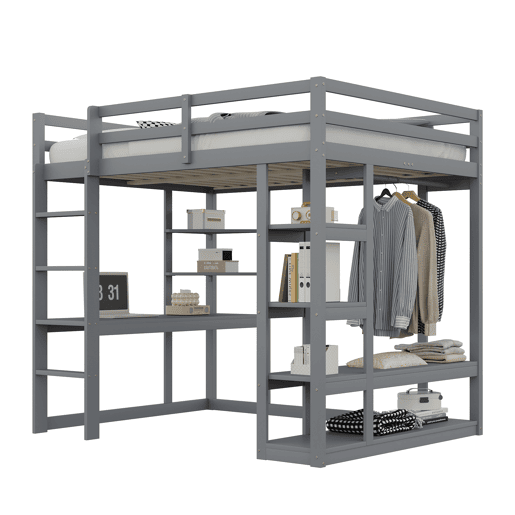 Cama alta 140*200 cm - Com mesa e prateleiras, com ganchos e compartimentos, laminada - Cinza Cama alta 140*200 cm - Com mesa e prateleiras, com ganchos e compartimentos, laminada - Cinza