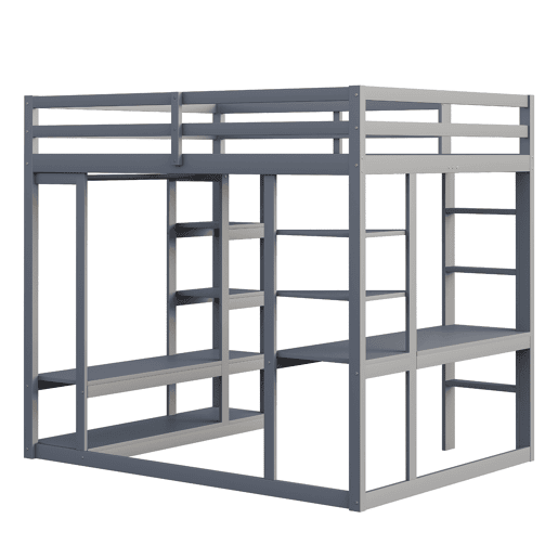 Cama alta 140*200 cm - Com mesa e prateleiras, com ganchos e compartimentos, laminada - Cinza Cama alta 140*200 cm - Com mesa e prateleiras, com ganchos e compartimentos, laminada - Cinza