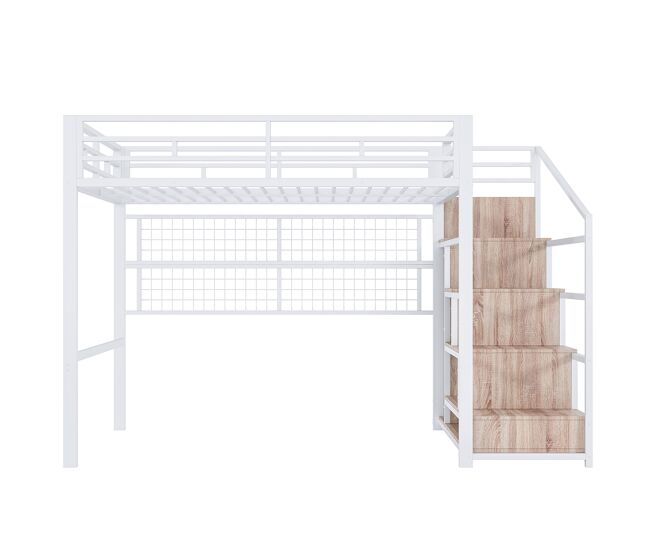 Cama alta 140x200cm - estructura metálica, armario, escalera con almacenamiento, rejilla para colgar objetos, espacio libre debajo, luces led