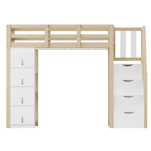 Cama alta 90 x 200 cm - madeira maciça multifuncional com gavetas, prateleiras múltiplas e escada segura com arrumação - natural
