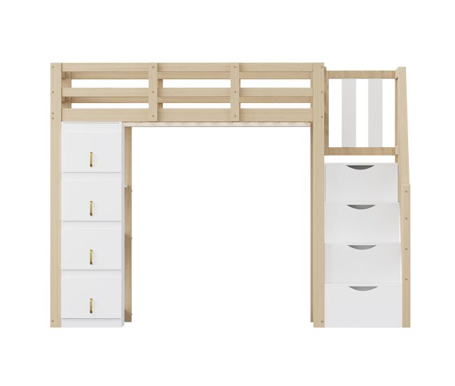 Cama alta 90 x 200 cm - madera maciza multifuncional con cajones, estantería múltiple y escalera segura con almacenamiento - natural