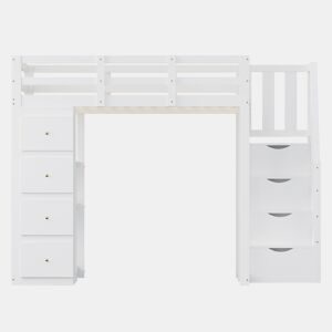 Cama alta 140 x 200 cm - madeira maciça multifuncional com gavetas, cómoda com prateleiras e escada segura - branco