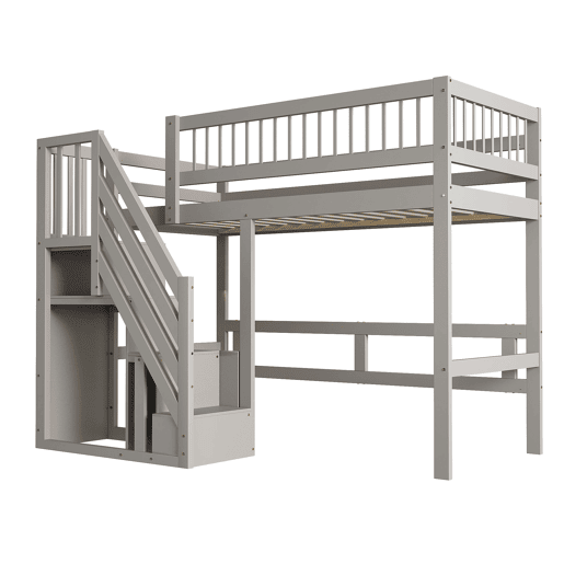 Cama alta em madeira maciça 90x200 - com escada e armário de arrumação, cama individual para crianças e jovens - cinzenta