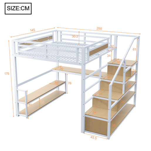 Cama alta 140x200 cm - Cama metálica com escada de arrumação, prateleiras e mesa, design de barreira de segurança com ripas de metal, estrutura de ferro para suporte estável - Branco