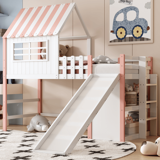 Cama alta infantil 90x200 cm - design ático, escada e rampa de segurança, prateleiras multifuncionais - rosa