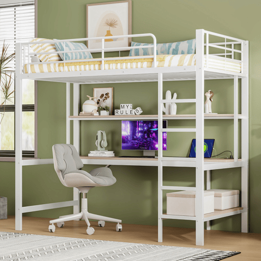 Cama alta 90x200cm - Com corrimão, escada, USB e tomada, com luzes LED, secretária, estante multifuncional - Branco