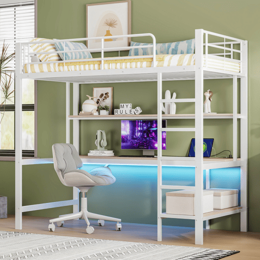 Cama alta 90x200cm - Com corrimão, escada, USB e tomada, com luzes LED, secretária, estante multifuncional - Branco