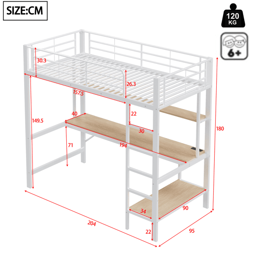Cama alta 90x200cm - Com corrimão, escada, USB e tomada, com luzes LED, secretária, estante multifuncional - Branco