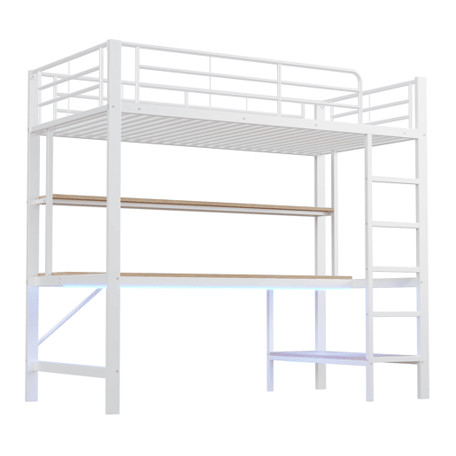 Cama alta 90x200cm - Com corrimão, escada, USB e tomada, com luzes LED, secretária, estante multifuncional - Branco