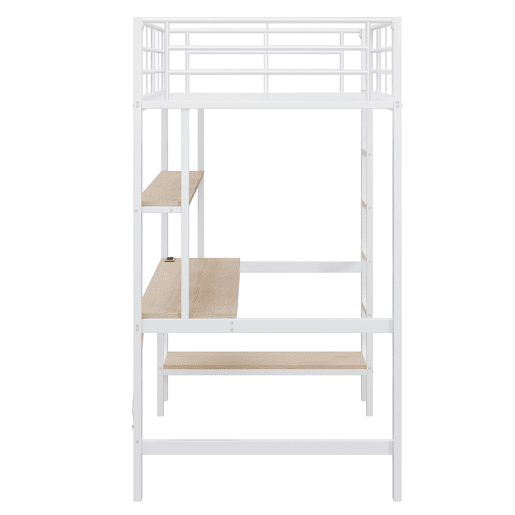 Cama alta 90x200cm - Com corrimão, escada, USB e tomada, com luzes LED, secretária, estante multifuncional - Branco