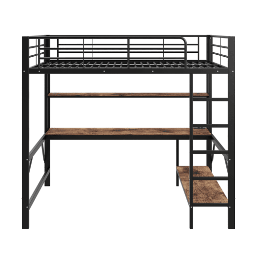 Cama alta 140 x 200 cm - com grade, escada, porta USB e tomada, luzes LED, escrivaninha e estante multinível, sem colchão, metal - preto