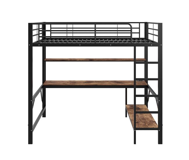 Cama alta 140 x 200 cm - con barandilla, escalera, puerto usb y enchufe, luces led, escritorio y estantería multinivel, sin colchón, metal - negro