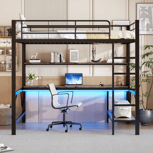 Cama alta 140 x 200 cm - com grade, escada, porta USB e tomada, luzes LED, escrivaninha e estante multinível, sem colchão, metal - preto