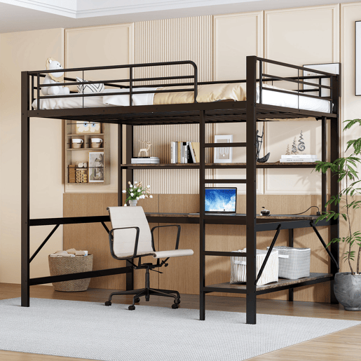 Cama alta 140 x 200 cm - com grade, escada, porta USB e tomada, luzes LED, escrivaninha e estante multinível, sem colchão, metal - preto