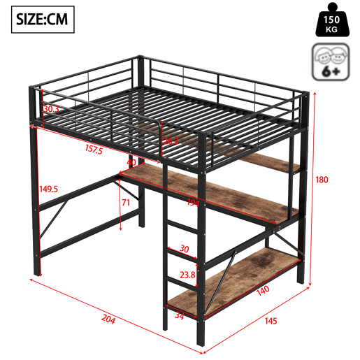 Cama alta 140 x 200 cm - com grade, escada, porta USB e tomada, luzes LED, escrivaninha e estante multinível, sem colchão, metal - preto
